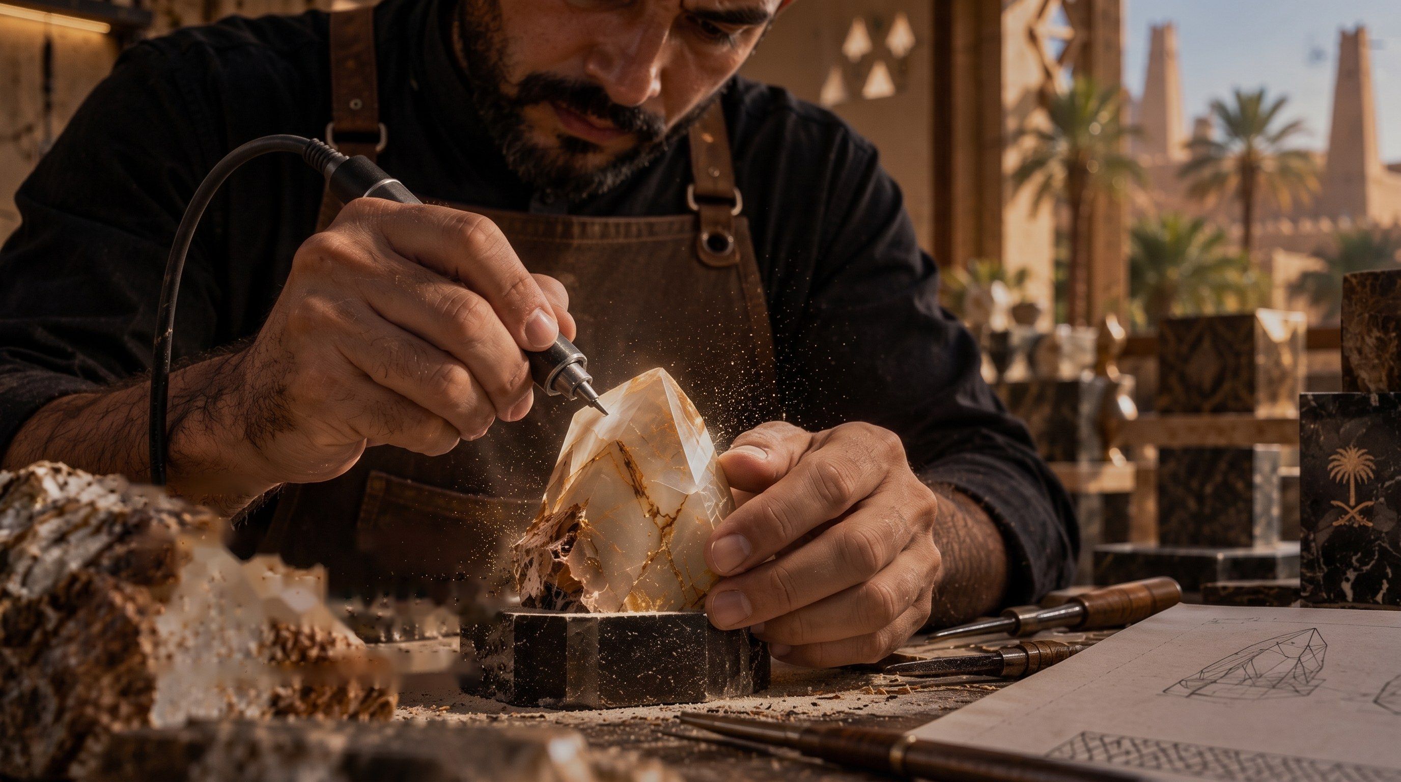 A craftsman shaping a crystal at his workbench