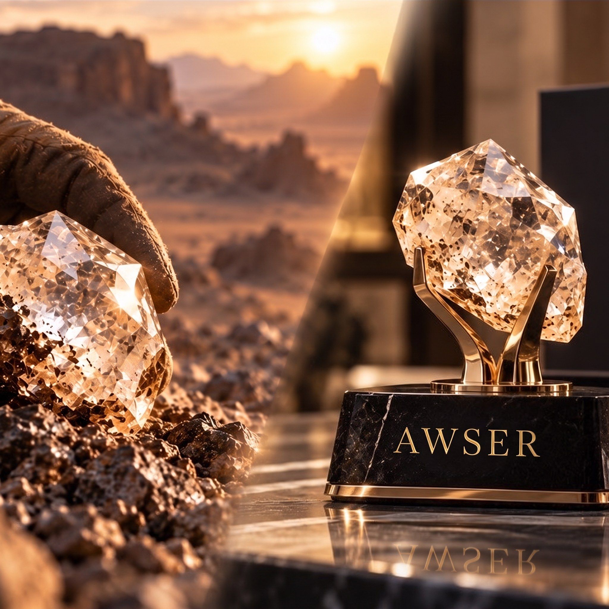 A cut gemstone object on a black marble base, set against a desert sunset
