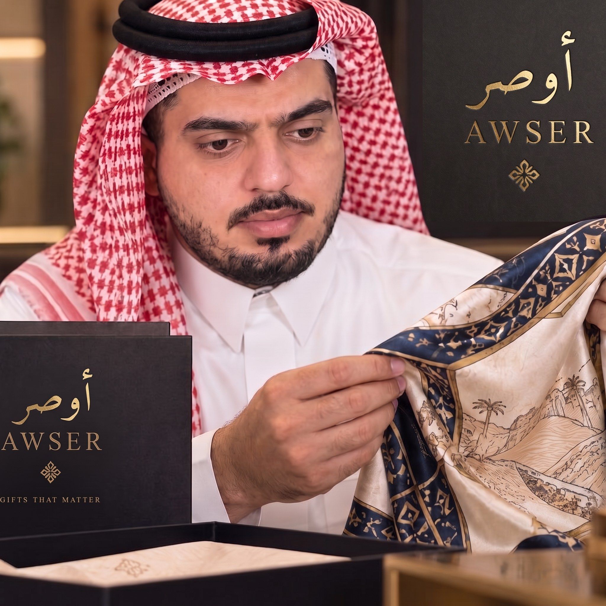 A man in a red shemagh examining a silk scarf beside an AWSER gift box