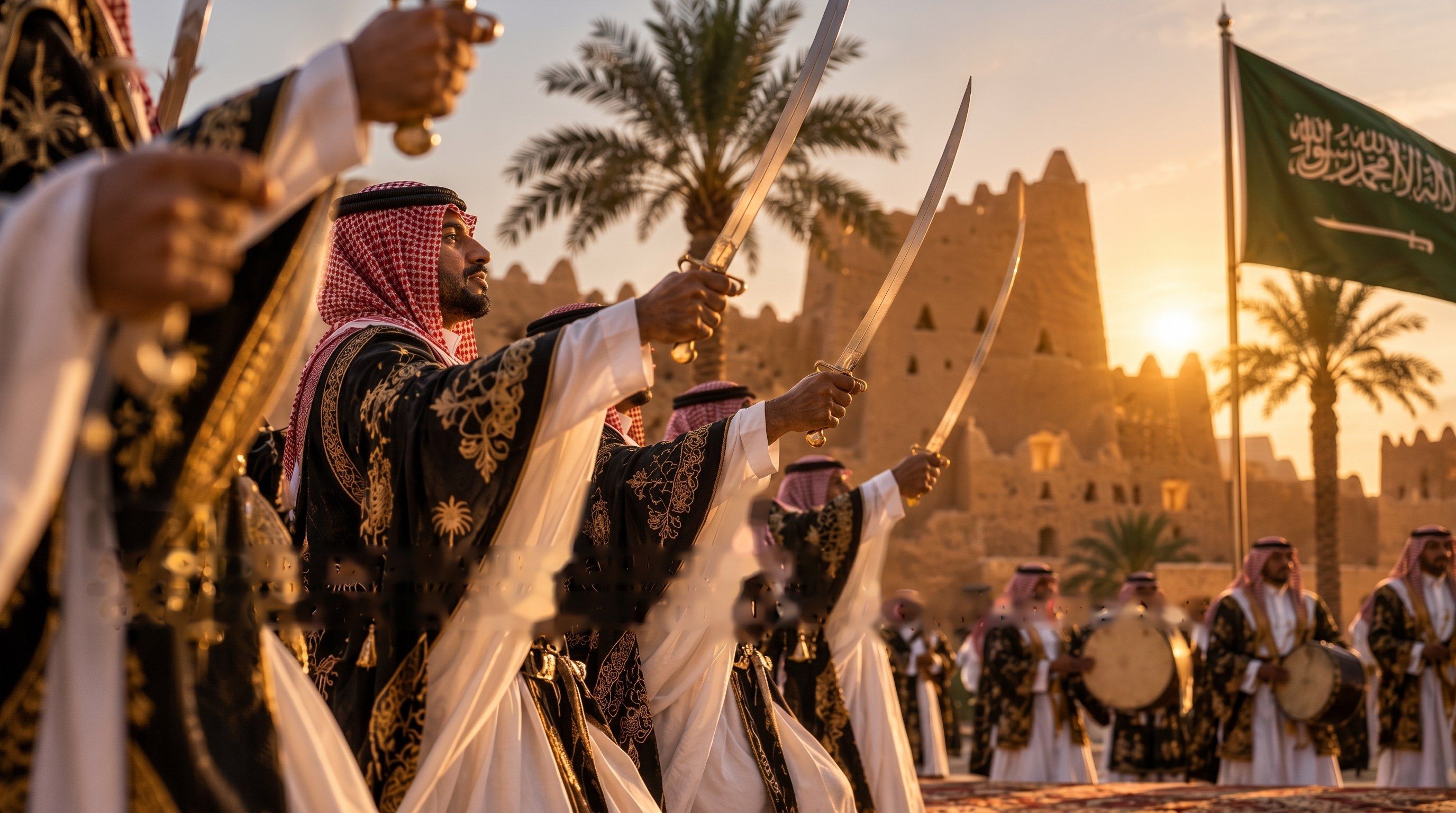 رجال يؤدون العرضة السعودية وقت الغروب أمام قصر طيني